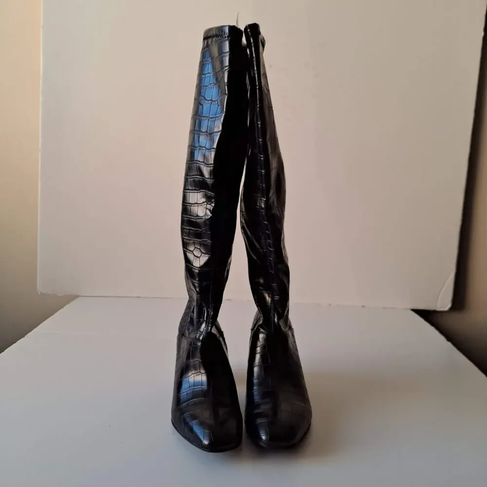 NWT Franco Sarto Tribute Black Croc Faux Leather Knee High Boots WIDE Calf 8.5 M